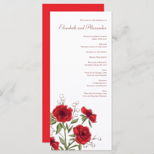 Red Rose Romantic Wedding Programs Menu (Front/Back)