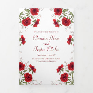 Red Rose Romantic Wedding Programs Tri-Fold Programme