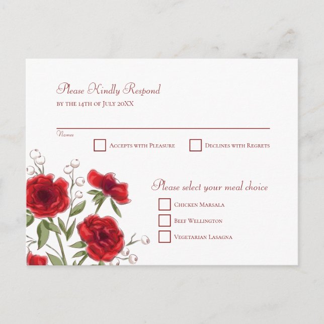 Red Rose Romantic Wedding RSVP Reply Holiday Postcard (Front)
