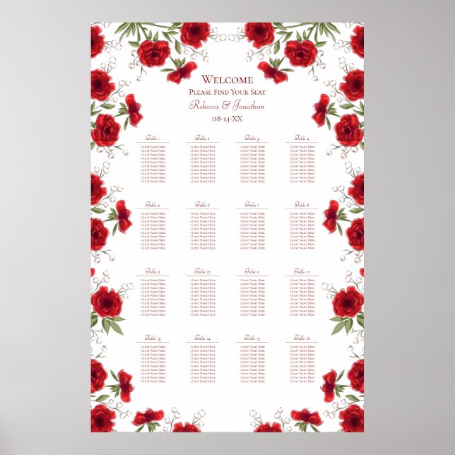 Red Rose Romantic Wedding Seating Chart (Front)