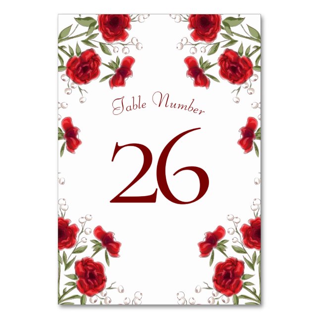 Red Rose Romantic Wedding Table Number (Back)