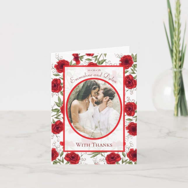Red Rose Romantic Wedding Thank You Cards Photo (Front)