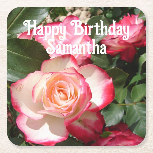 Red Rose Roses floral Photo Womens Birthday Party Square Paper Coaster (Front)