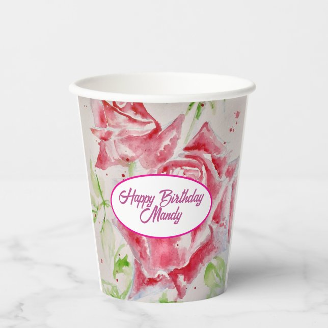 Red Rose Roses Flower Pattern Paper Party Plate Cups (Front)