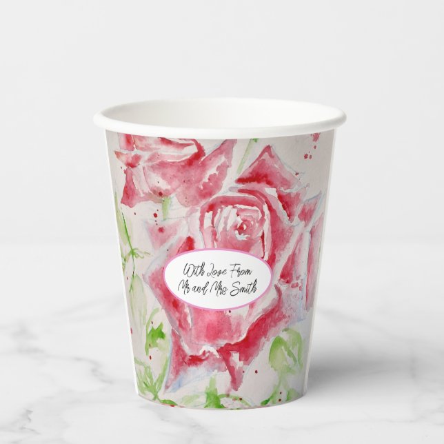 Red Rose Roses Flower Pattern Watercolor Wedding Paper Cups (Front)