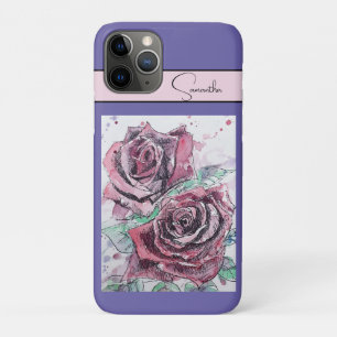Red Rose Roses Flower Watercolor Floral Purple Art iPhone 11 Pro Case