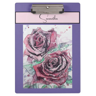 Red Rose Roses Flower Watercolor Floral Purple Art Clipboard