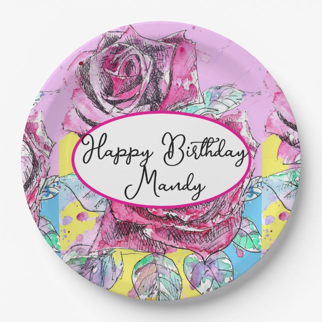 Red Rose Roses Pink flower Birthday Womens Paper Plate (Front)