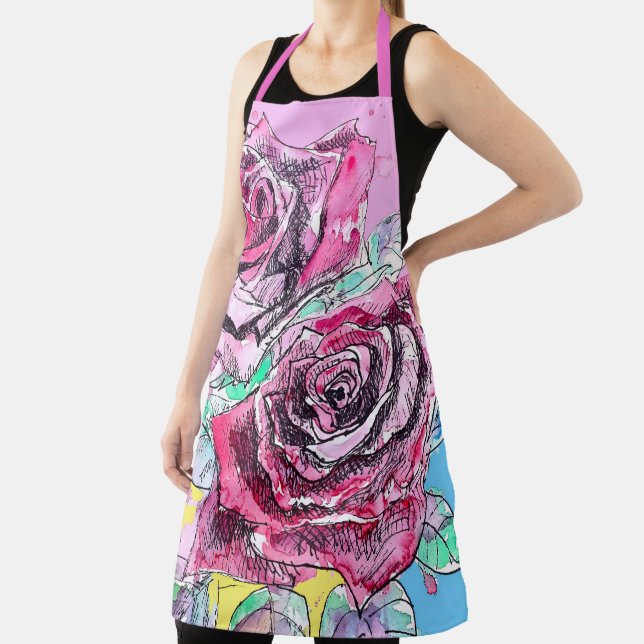 Red Rose Roses Watercolour Floral Flowers Flower Apron (Insitu)