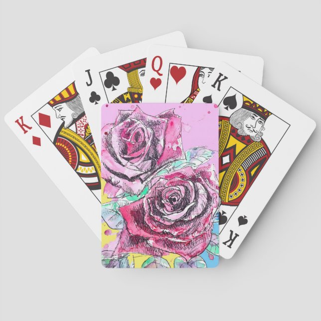Red Rose Roses Watercolour Floral Flowers Flower Playing Cards (Back)