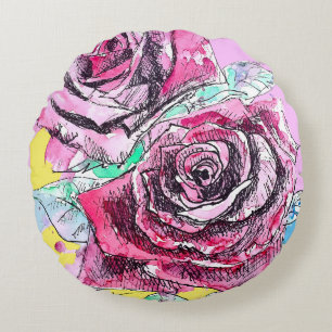 Red Rose Roses Watercolour Floral Flowers Flower Round Cushion