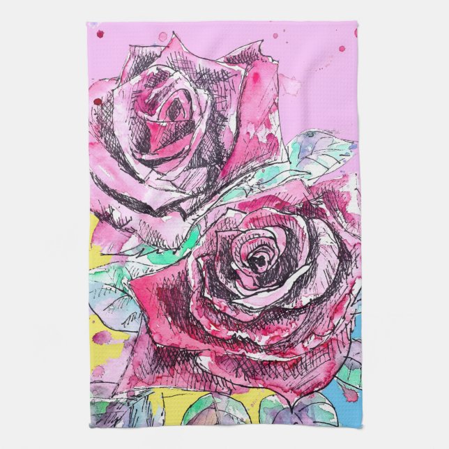 Red Rose Roses Watercolour Floral Flowers Flower Tea Towel (Vertical)