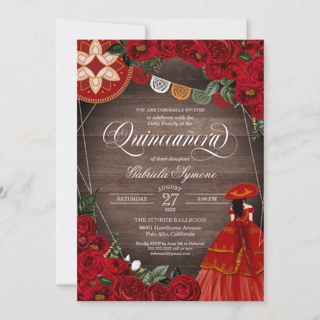 Red Rose Rustic Charra/Mariachi Dress Quinceañera  Invitation (Front)