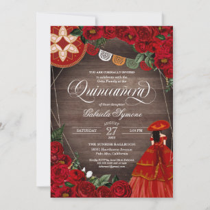 Red Rose Rustic Charra/Mariachi Dress Quinceañera  Invitation