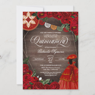 Red Rose Rustic Charra/Mariachi Dress Quinceañera  Invitation