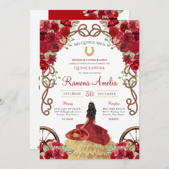Red Rose Rustic Charro Western Quinceañera  Invitation (Front/Back)