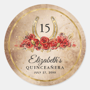 Red Rose Rustic Gold Horseshoe Template Birthday Classic Round Sticker