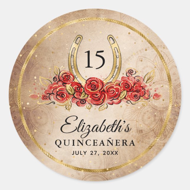 Red Rose Rustic Gold Horseshoe Template Birthday Classic Round Sticker (Front)