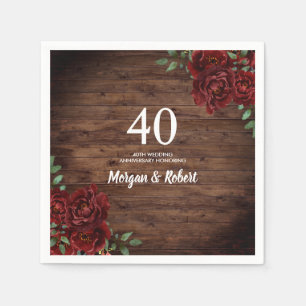 Red Rose Rustic Wood 40th Wedding Anniversary Napkin
