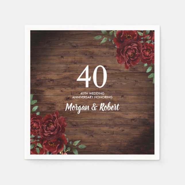 Red Rose Rustic Wood 40th Wedding Anniversary Napkin (Front)