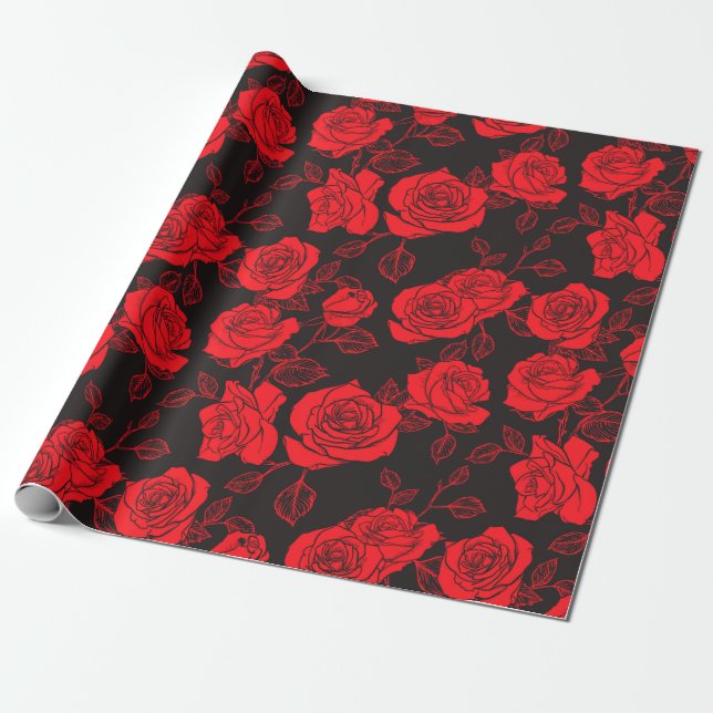 Red Rose Seamless Pattern Wrapping Paper (Unrolled)