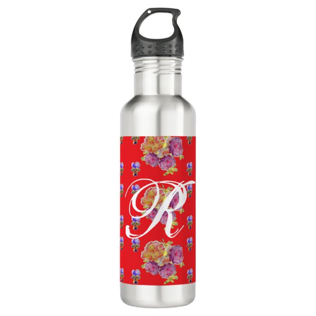 Red Rose Shabby Chic Rose Pattern Floral Initial 7 710 Ml Water Bottle (Front)