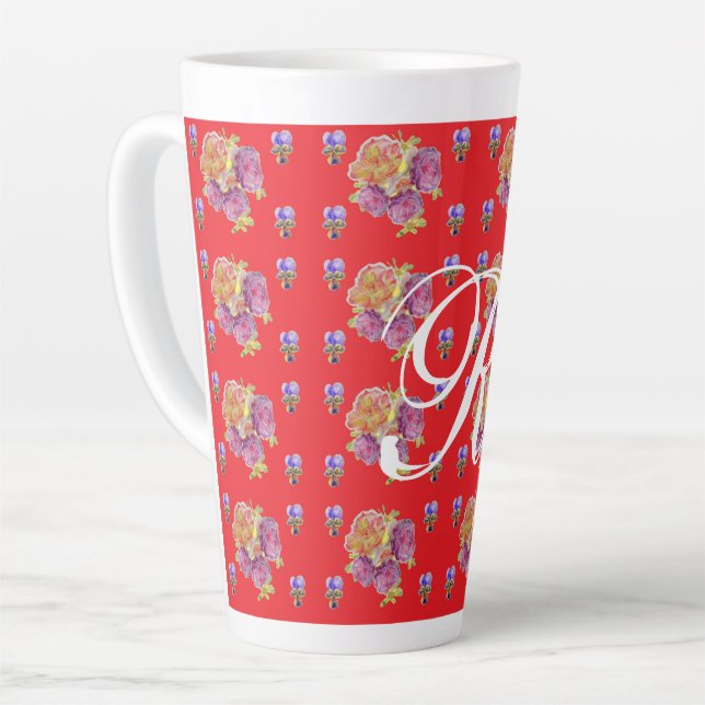 Red Rose Shabby Chic Rose Pattern Floral Initial   Latte Mug (Left Angle)