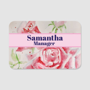 Red Rose Shabby Chic Watercolor Roses Pink Floral Name Tag