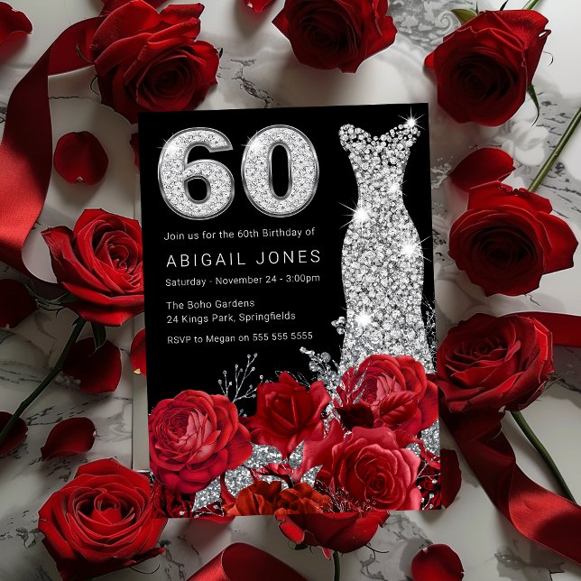 Red Rose Silver Diamonte Dress 60th Birthday Invitation (Creator Uploaded)