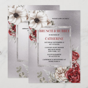 Red rose silver poppy elegant floral botanical  invitation