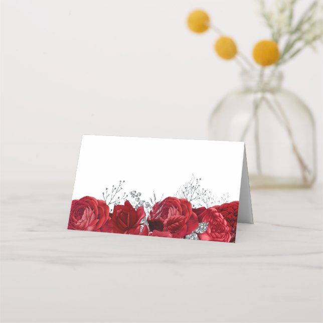 Red Rose & Silver Wedding & Bridal Place Card (Back)