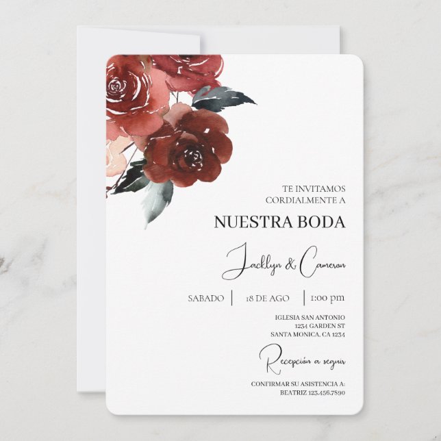 Red Rose Spanish Wedding Invitation (Front)