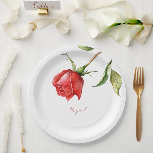 Red Rose Stem Personalised Name Bridal Shower Paper Plate (Wedding)