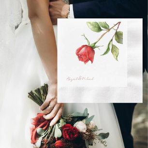 Red Rose Stem Personalised Names Coined Wedding Napkin