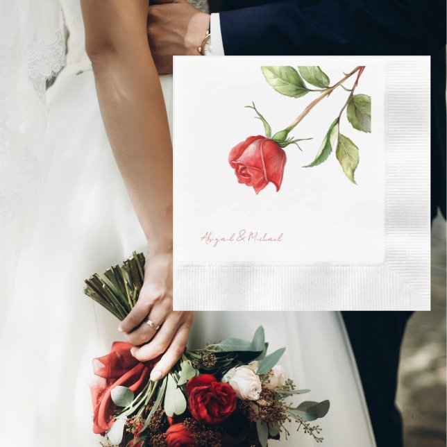 Red Rose Stem Personalised Names Coined Wedding Napkin (Creator Uploaded)