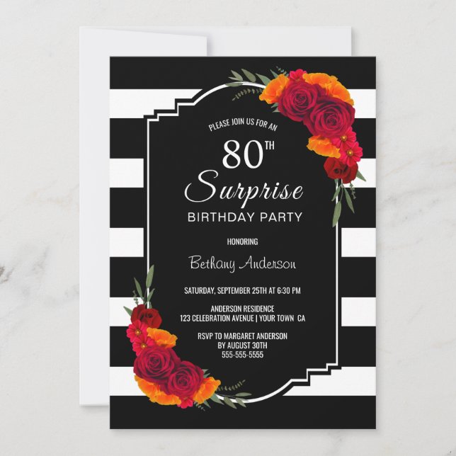 Red Rose Striped Surprise 80th Birthday Invitation (Front)