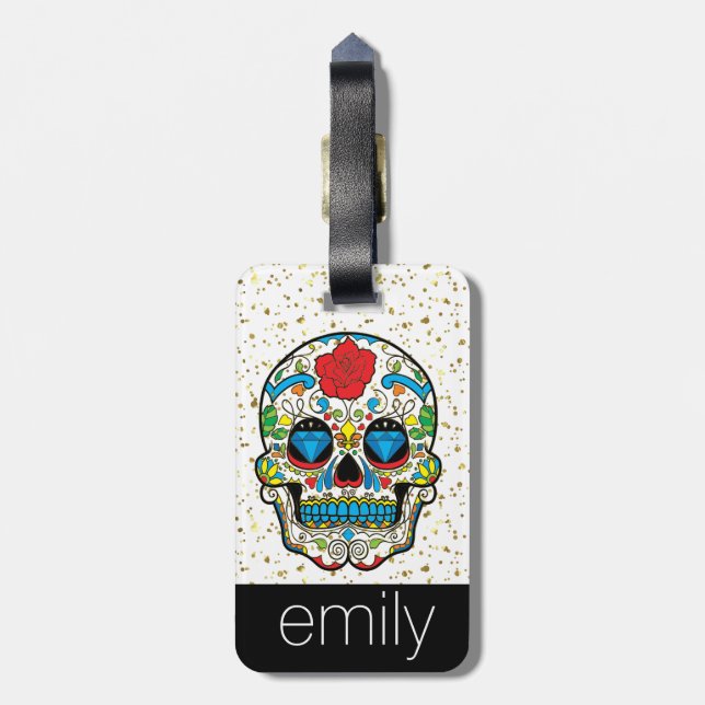 Red Rose Sugar Skull Modern Design Luggage Tag (Back Vertical)