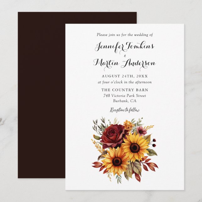 Red Rose Sunflower Autumn Fall Floral Wedding Invitation (Front/Back)