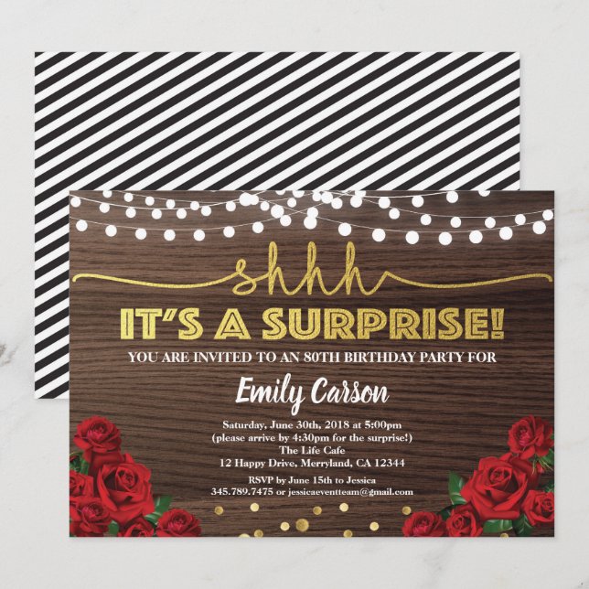 Red rose surprise 80th birthday party invitation (Front/Back)