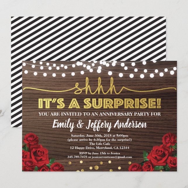 Red rose surprise anniversary party invitation (Front/Back)