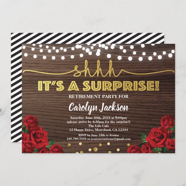 Red rose surprise retirement party invitation (Front/Back)