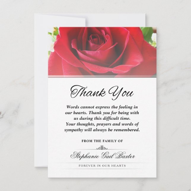 Red Rose Thank You Sympathy Words Card (Front)