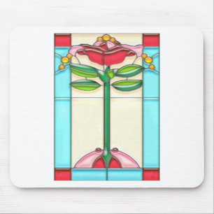 Red Rose Tree Stained Glass in Art Deco Style Mouse Mat