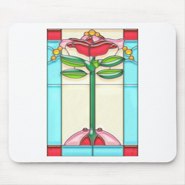 Red Rose Tree Stained Glass in Art Deco Style Mouse Mat (Front)