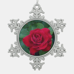 Red Rose Up Close Snowflake Pewter Christmas Ornament