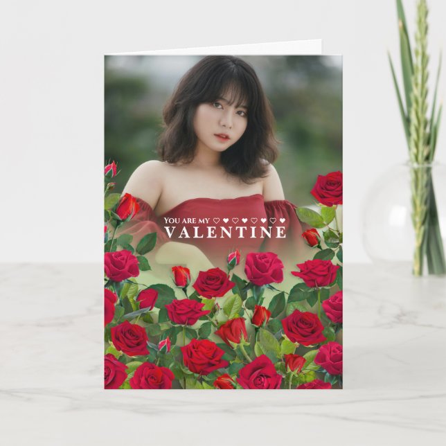Red Rose Valentine Custom Text Photo Greeting Card (Front)