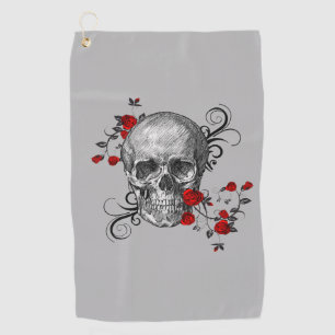 Red Rose Vines And Skull Pencil Sketch Golf Towel