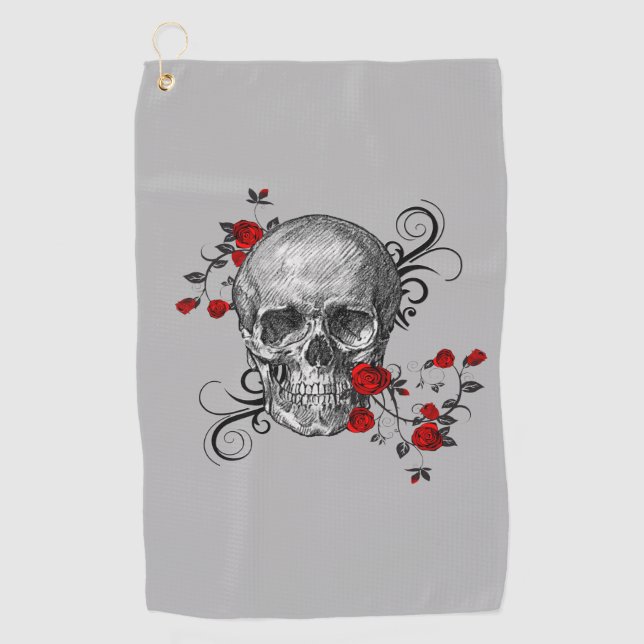 Red Rose Vines And Skull Pencil Sketch Golf Towel (Front)