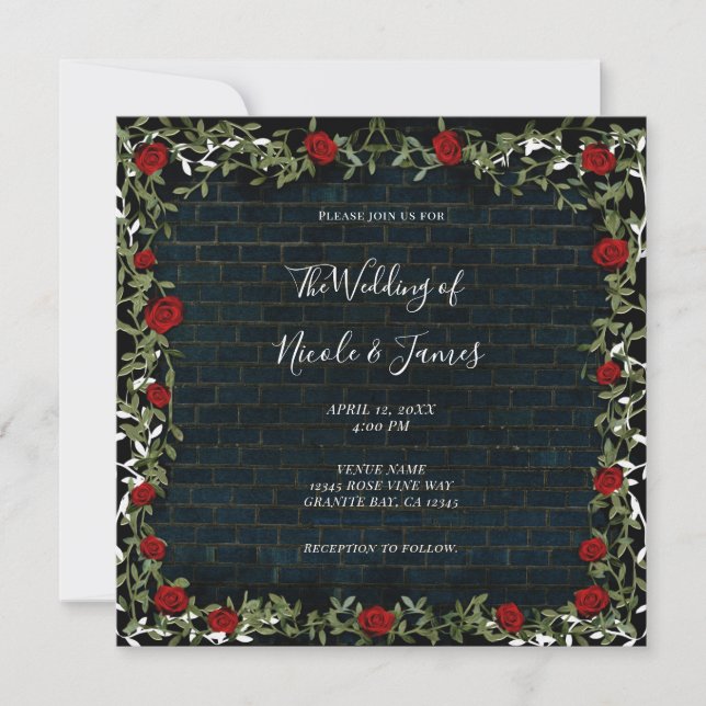 Red Rose Vines Rustic Brick Dark Elegant Wedding Invitation (Front)