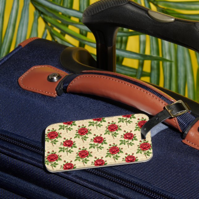 Red rose vintage pattern luggage tag (Front Insitu 3)